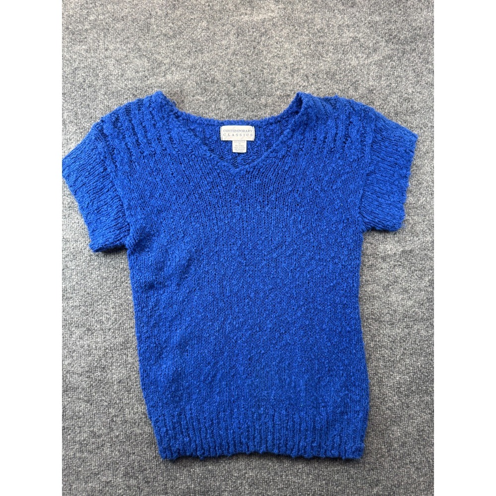 Contemporary Classics Sweater Womens M Blue Textured Knit Short Sleeve V-Neck